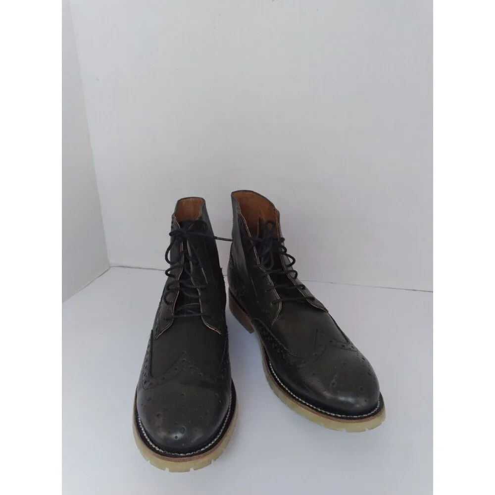 Classic Leather Wingtip Combat‎ Boots Black Brogue Lace-up Ankle Boots.